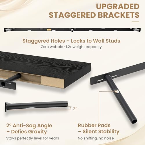 72 Inch Long Floating Shelves for Wall Set of 1, 12"D Wood Grain Shelves - color: Black, size: 72"Wx12"Dx2"H, 1P
