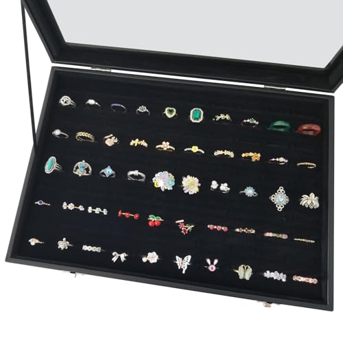 Women Ring Storage Box with 100 Slots & Clear Glass Lid - color: Black-100 rings