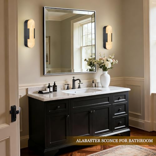 Alabaster Wall Sconces Set of 2, 13.8" Black Natural Marble Wall Sconce, Hardwired Bathroom Vanity Lights, Modern Indoor Wall Lighting for Bedroom, Living Room