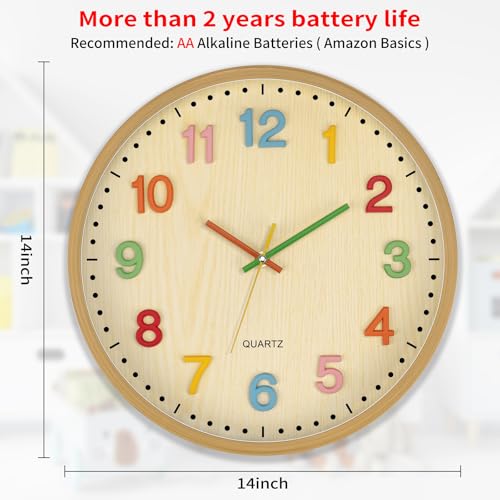 Foxtop 14 Inch Kids Wall Clock Silent Non-Ticking Battery Operated Colorful Childrens Wall Clock for Classroom Playroom Nursery Bedrooms Kids Room School (3D Numerals) - color: 3d Colorful-14"