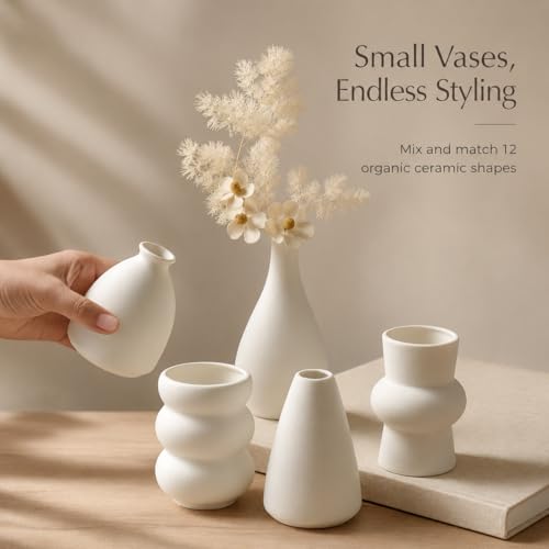 Set of 12 White Ceramic Vase for Pampas Grass Flowers, Japandi Small Vases in Bulk for Wedding Centerpieces, Shelf and Table Decorations, Living Room and Bedroom Decor, DIY Gift - size: Set of 12