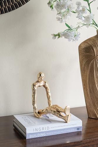 Abstract Gold Sitting Human Figurine, Decorative Sculpture with Textured Gold Finish, Modern Metallic Small Gold Art Statue for Home Office Gold Figurines Home Decor Shelf Display, 8.3x4.7x8.7 Inches