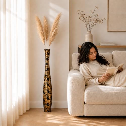 Leewadee Large Black Gold Home Decor Floor Vase – Wooden 34 inches Tall Farmhouse Decor Flower Holder for Fake Plant and Pampas Grass - color: Gold, Black, size: 34 inches