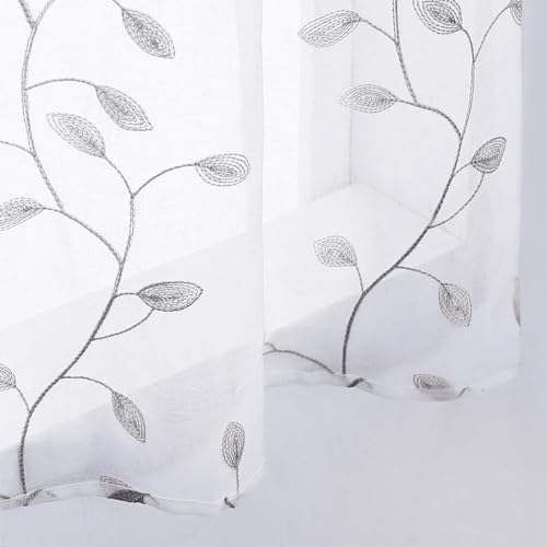 MRTREES Sheer Voile Curtain Valances 2 Panels, Leaves Embroidered Valance Curtains Rod Pocket, Small Sheer Window Curtains Treatment for Bedroom/Living Room/Kitchen/Basement(Grey Leaves, 54x16 Inches) - color: Leaves-grey
