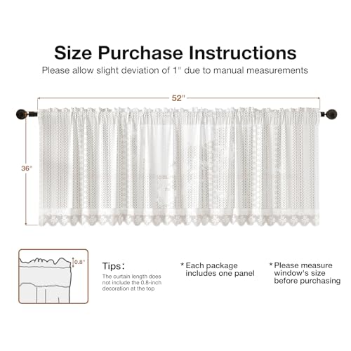 Rinwoc White Lace Semi-Sheer Valance Curtains – Vintage Boho Lace Valances for Kitchen/Bedroom, Privacy Light Filtering Rod Pocket Window Treatment, Elegant Pattern Valance, 1 Panel, 52W x 36L Inch - color: White Star, size: 52"W x 36"L (Pack of 1)