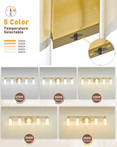 HWH 5-Light Vanity Light, Brushed Gold, Clear Glass, 30W, 5HLT63B-5W-LED BG - color: Brushed Gold + LED, size: 5 Lights