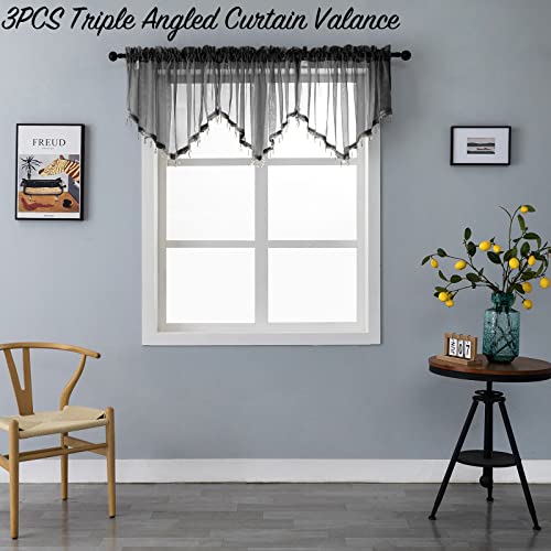 Beaded Sheer Valance Curtains for Living Room,Rod Pocket Farmhouse Window Valance, Bead Trim Tassel Voile Sheer Curtain Valance for Bedroom Bathroom Cafe 51x24 Inches (Black) 1PC - color: Black