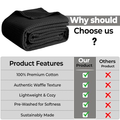 100% Cotton Blankets for Bed - Waffle Weave Blankets for Summer, Lightweight and Breathable Soft Woven Blanket for Spring (Black, Twin (60" x 90")) - color: Black, size: Twin (60" x 90")