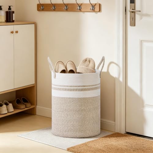 53L Tall Cotton Rope Laundry Basket with Handles, Brown Striped - color: Brown Striped, size: 53L