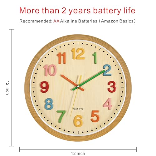 Foxtop Silent Kids Wall Clock Non-Ticking Battery Operated Colorful Childrens Clock for Classroom Playroom Nursery Bedrooms Kids Room (3D Numbers, 12 inch) - color: 3d Colorful-12"