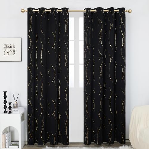 Deconovo Black Out Curtains 84 Inch Long, Curtains for Living Room Bedroom - color: Black/Dots and Line, size: 52"W x 84"L (Pack of 2)