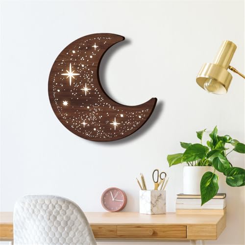Wooden Moon Phase Wall Art Decor, LED Wood Night Light Wall Sculptures (A) - color: A