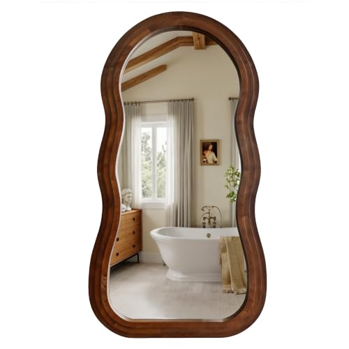 71"x33.5" Wavy Full Length Mirror with 3-Layer Solid Wood Frame - color: Walnut Wavy Frame, size: 71"L x 33.5"W