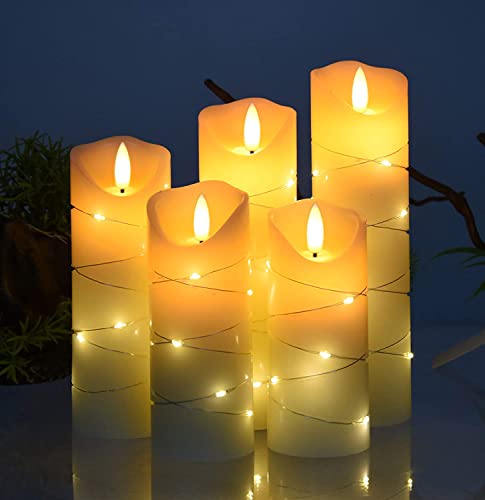danip LED flameless Candle, with Embedded Starlight String, 5-Piece LED Candle, with 10-Key Remote Control, 24-Hour Timer Function, Dancing Flame, Real Wax, Battery-Powered. (Ivory White) - color: WhiteC#1*5