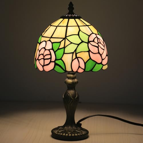 Small Tiffany Table Lamp,3 Color Temperature Pink Rose Stained Glass Table Lamps for Living Room, Dining Room,Bedroom Bedside Nightstand Night Light,W/LED Bulb,8X8X15Inch - color: Pink Rose 8X8X15Inch