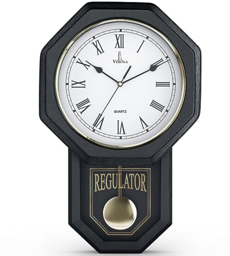 Pendulum Wall Clock, Real Wood Regulator Clock, Black, Quiet Non-Chiming - color: Black