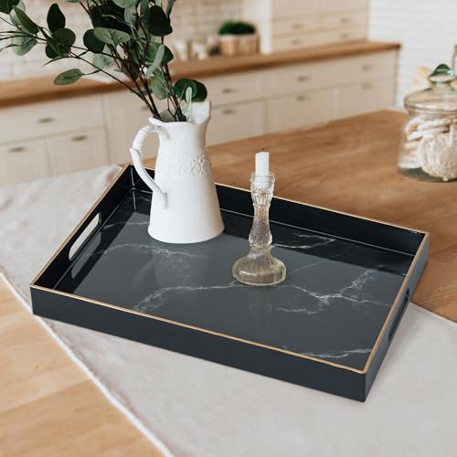 Serving Tray with Handles, Large Black Marble Plastic Tray, 15.7 x 11.8 x 1.6 Inch Rectangular Decor Coffee Table Tray with Storage for Bedroom, Living Room, Dining Room, Party & Patio Pool