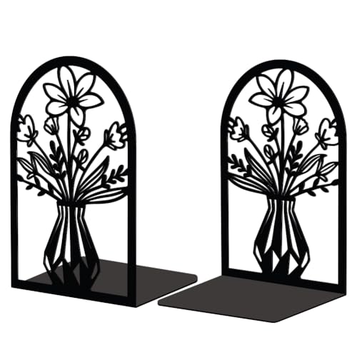 Peacoblue 5.3"x4.3"x7.9" Metal Bookends, Heavy Duty Book Ends for Shelves - color: Vase With Flowers