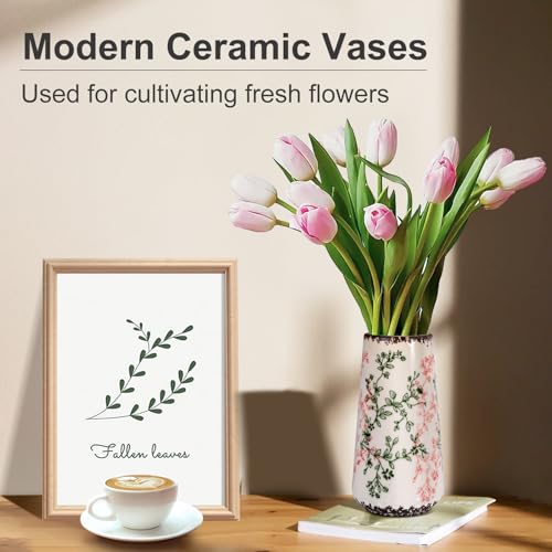 Ceramic Vase, GUKJOB Small Cute Flower Vase for Pampas Grass, Home, Living Room, Dining Table, Farmhouse, Office Decor, Bedroom, Table, and Kitchen Shelf (Green & Pink-A) - color: Small Green & Pink-a - 1pc