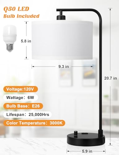 20.7" Tall Table Lamp with USB & Outlet, Fully Dimmable Nightstand Lamp - color: B-White Shade & Black Base