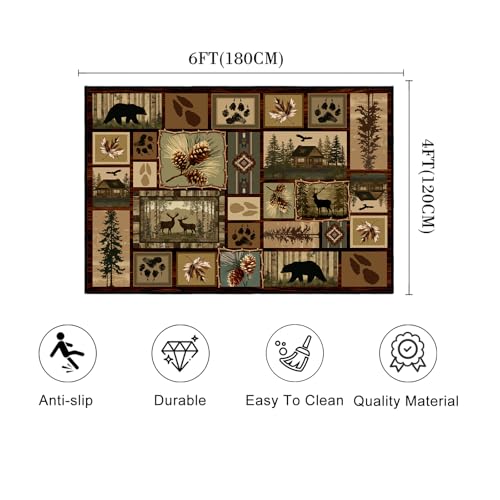 Cabin Rustic Area Rug 4x6,Deer Bear Wildlife Vintage Floor Carpets - size: 4'x6'