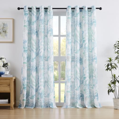 Aqua Blue and White Semi Sheer Linen Curtains 55x84" Boho Floral Print 2pcs - color: Gromme Top- Semi Sheer- Aqua Blue, size: 55"W x 84"L (Pack of 2)
