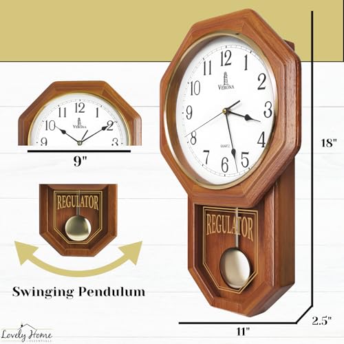 Pendulum Wall Clock Battery Operated, Real Wood Regulator Clock, Quiet - color: Light Wood With Arabic Numerals