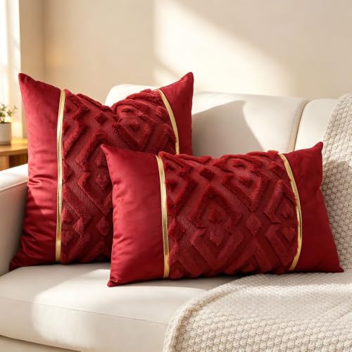 Luxury Patchwork Tufted Lumber Pillow Cover 12x20 Inch Set of 2 - color: Claret, size: 20" x 12" (Pack of 2)