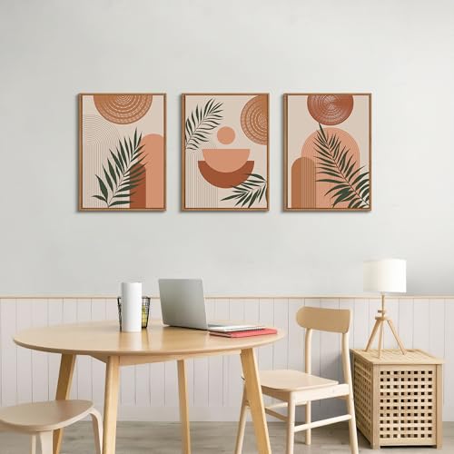 3 Pcs Terracotta Botanical Framed Canvas Wall Art Prints Abstract 16"x24" - color: Boho Terracotta Geometric Line Botanical, size: 16"x24"x3Pcs