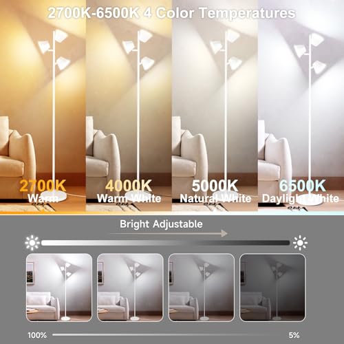 42W Tree Floor Lamp, Super Bright LED Standing Lamp with Remote, Modern Dimmable Floor Lamps,Individual Control, Rotable Head LED Lamp for Living Room Bedroom Office,White - color: White Floor Lamp