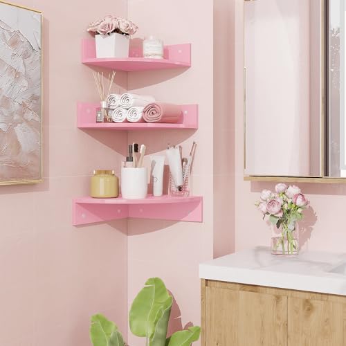 Homode Corner Shelf Wall Mount, Set of 3 Corner Floating Shelves with Cable Hole, 3 Tier Wood Corner Hanging Shelves, Living Room Bedroom Bathroom, Pink - color: Pink