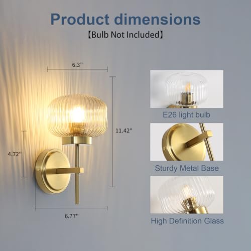 Hardwired Gold Wall Sconces Set of 2, Up/Down Adjustable Modern Wall Light Fixtures with Ribbed Glass Shade for Bedroom Bathroom Hallway - color: Gold-AC