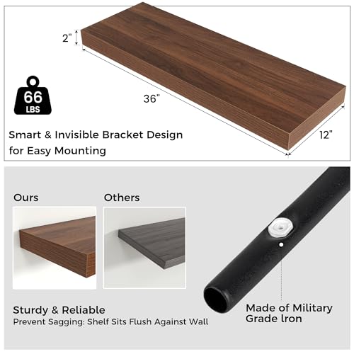 36 Inch Floating Shelves for Wall, 12"D Wood Storage Shelves, Walnut Finish - color: Walnut, size: 36 Inch