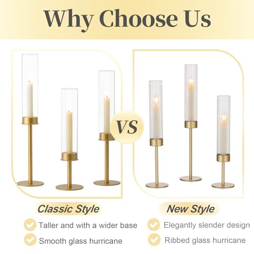 Hewory Gold Candlestick Holders: 12PCS Glass Hurricane with Brass Base - color: Matte Gold, size: 12pcs