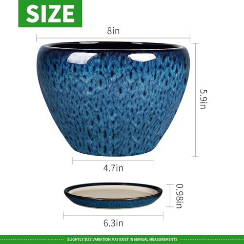 Deep Dream 8 Inch Plant Pots- Ceramic Pots for Plants with Drainage Hole and Saucer, Large Planter Pot for Indoor Plants Outdoor Decor, Blue - color: Blue, size: 8 Inch