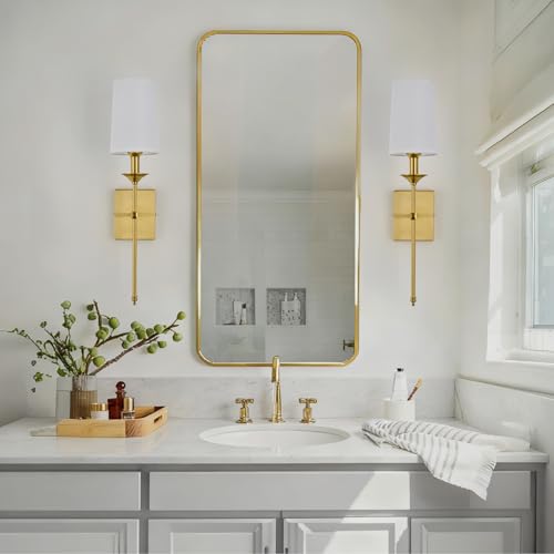 Gold Wall Sconce Set of 2,Hardwired Bathroom Vanity Light Fixture with White Fabric Shade,Gold Sconce for Living Room Dining Room Fireplace Mantel - color: Gold