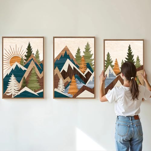 Tinonedraw Large Mountain Framed Canvas Wall Art, Boho Rustic Sunrise Forest Wall Decor, Vintage Woodsy Nature Art Painting, Modern Wilderness Trees Art Print for Living Room Bedroom Office 24"x36"x3 - color: Sunrise Mountain, size: 36"L x 24"W