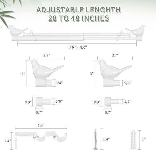 3/4" Diameter Farmhouse Double Window Treatment Curtain Rod, Bird Finials (28"-48", Glossy White) - color: Glossy White, size: 28"-48"