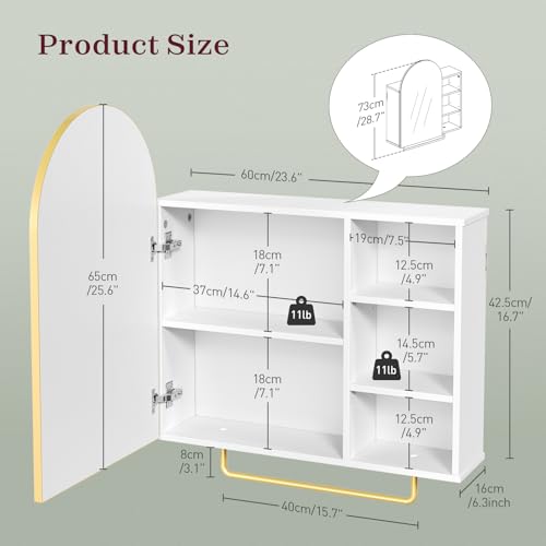 RALGEND Bathroom Medicine Cabinet Mirror with Storage, 24 x 29 Inch Arched Bathroom Vanity with Mirrored Cabinets Wall Mount Modern Decor, Adjustable Shelves, White and Gold - color: White
