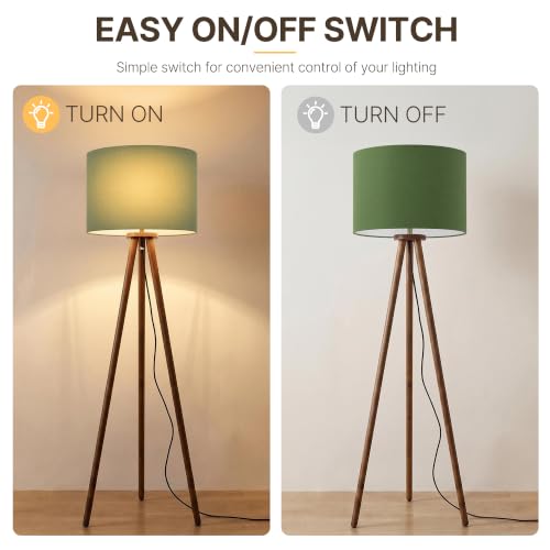 Buruis 60.6 Inch Walnut Wood Tripod Floor Lamp with Linen Drum Shade, Green - color: Green