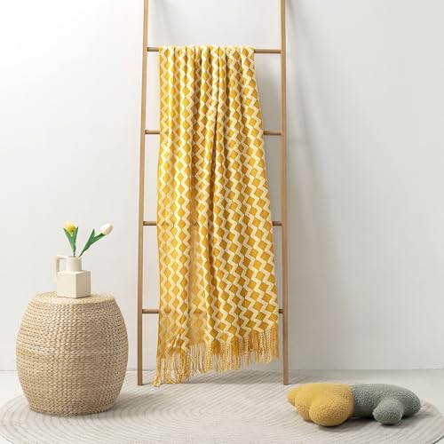 Double Diamond Acrylic Knitted Throw Blanket, Yellow, 50x60 - color: Yellow
