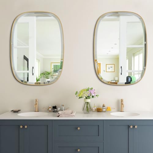 POZINO 32"x24" Brushed Gold Oblong Beveled Bathroom Mirror for Over Sink - color: Gold Rectangle, size: 32"L x 24"W