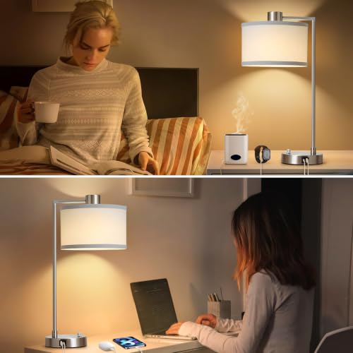 Silver Table Lamp Set of 2, Dimmable Bedside Lamps for Night Stand, USB A+C - color: Silver