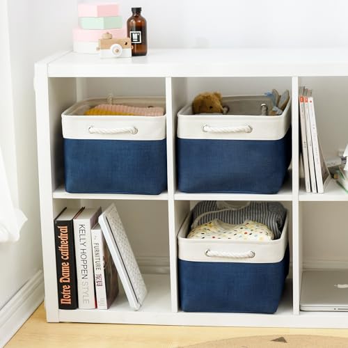 TheWarmHome Collapsible Storage Bin for Shelves - Large 3 Pack 16x12x8 inch Storage Basket for Organizing with Handles, Canves Storage Box for Organizer Toy Closet Cloth Gift (White & Jean Blue) - color: White & Blue, size: 3PCS/Large - 15.7Lx11.8Wx8.3H