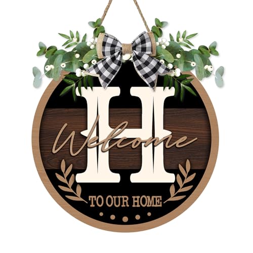 Monogram Letter H Front Door Sign, Welcome to Our Home Family Last - color: H