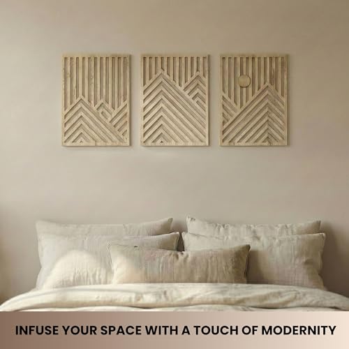 qmmp Modern Wooden Wall Sculptures - Set of 3 - Home Decor Accent - Large Wall Art for Living Room, Bedroom, Office - Easy Installation (Oak, Large - Mountain and Sun) - color: Oak, size: Large - Mountain and Sun