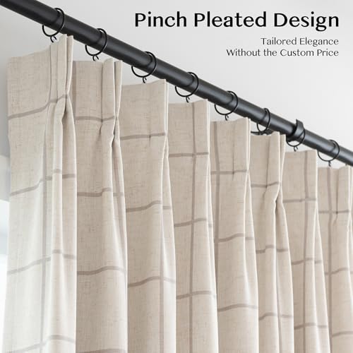 THREE GIRLS Pinch Pleated Plaid Curtains Blackout Linen Gingham Curtains for Living Room,Bedroom Checkered 72 Inches Long Double Layer 2 Panels Set Luxury and Modern Printed Design Darkening - color: Linen, size: 40"W x 72"L (Pack of 2)