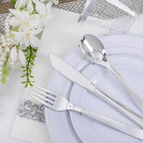 WELLIFE 700 Pieces Silver Plastic Dinnerware Set for 100 Guests - Includes Plates, Cups, Napkins, and Disposable Cutlery - Elegant White & Silver Design, Perfect for Parties and Events - color: Silver, style: 700PCS(100Guests)