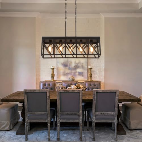 Rustic Farmhouse Metal Kitchen Island Lighting, 5 Lights Rectangular Pendant Light Fixture, Adjustable Rods Modern Metal Linear Chandelier for Kitchen Island Farmhouse Dining Room, Black - size: Large 5 lights