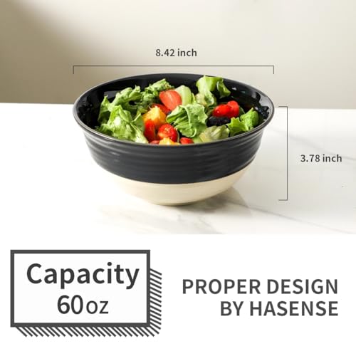HASENSE Large Porcelain Serving Bowls Set of 2, 60 Oz 8.5 Inch Black & Beige Stoneware Mixing Bowls, Farmhouse Bowls for Salad, Soup & Pasta, Dishwasher & Microwave Safe - color: Black, size: 65 oz